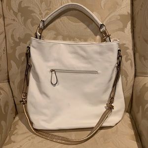 Women’s Large White Gold Shoulder/Crossbody Tote with striped interior